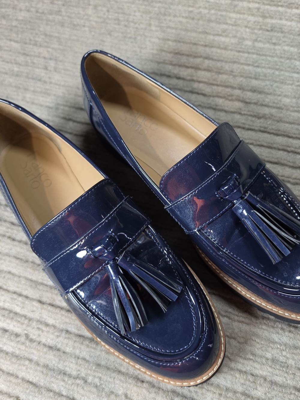 Franco Sarto Carolynn Loafers Women 8 Navy Blue Patent Tassel Lug Sole Platform
